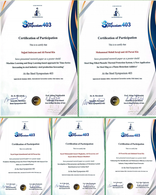 در همایش و نمایشگاه سمپوزیوم فولاد کیش به‌وسیله‌ی کارشناسان شرکت تافکو رقم خورد؛ دریافت گواهی ارائه پوسترهای یادگیری ماشین و پیش‌بینی تولید فولاد